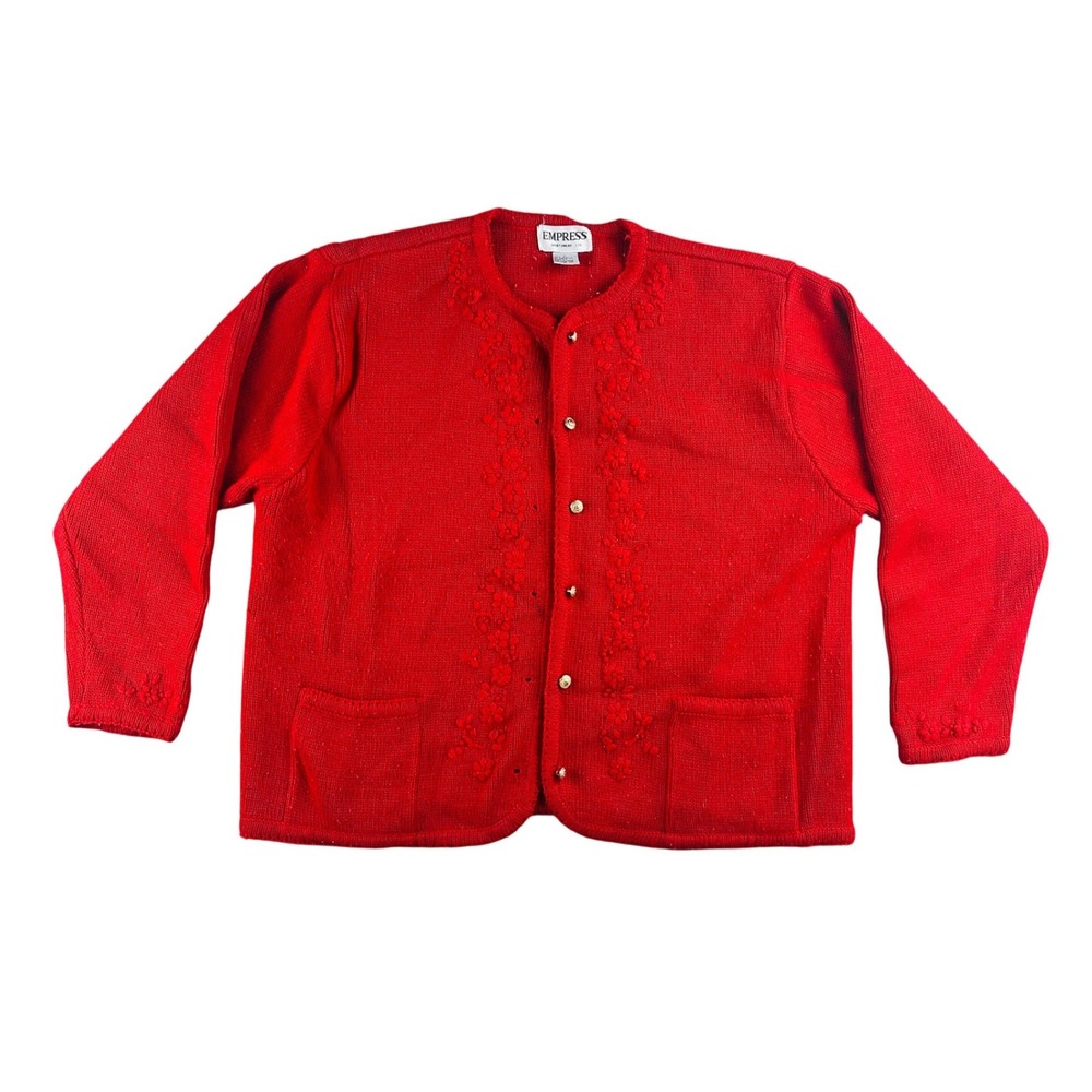 Vintage Empress Sportswear Cardigan Women L Red Floral Embroidery Button Front